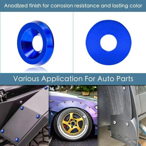 M6 Anodized Aluminum Washer Bolt Kit 32 Piece For Widebody Fenders And Dress Up displayed in various applications