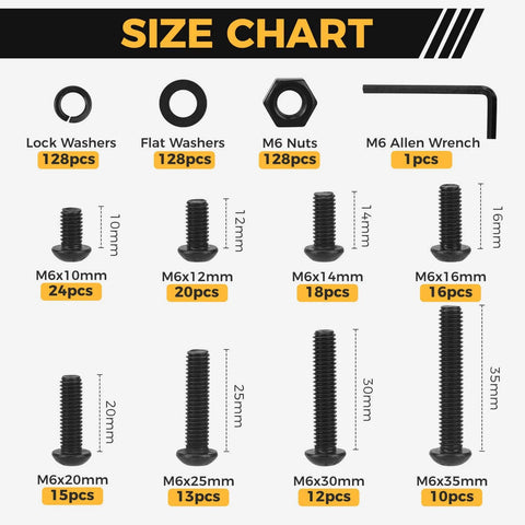 Size chart for ✝️ Homwin 512Pcs M6 Bolts and Nuts Kit, showing bolt sizes 10-35mm, washers, nuts, and Allen wrench.