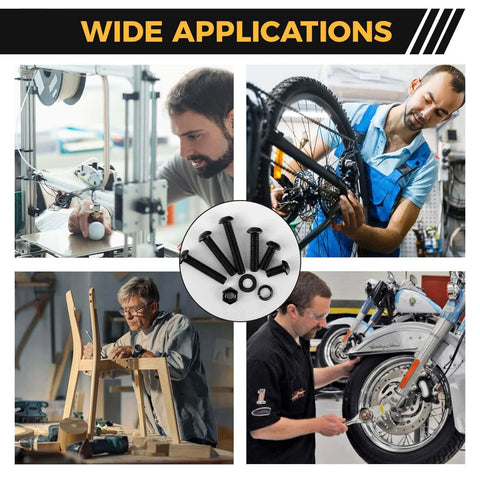 Wide applications of ✝️ Homwin 512Pcs M6 Bolts and Nuts Kit in machinery, bicycles, furniture, and motorcycles displayed.