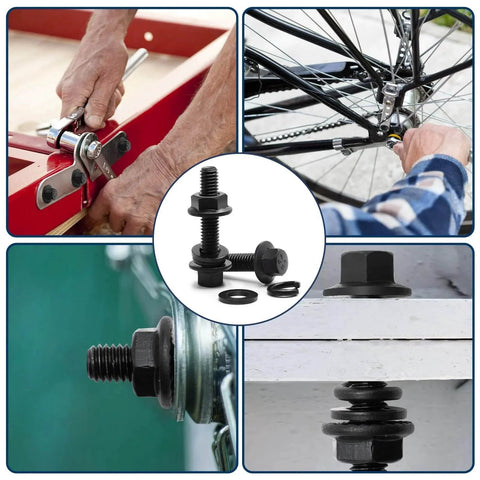 M6 Flange Bolts Kit 240 Pack Full Thread Alloy Steel Black Oxide With Serrated Nuts And Washers 12 16 20 25 30mm in use