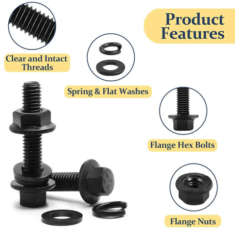 M6 Flange Bolts Kit 240 Pack Full Thread Alloy Steel Black Oxide With Serrated Nuts And Washers 12 16 20 25 30mm, product features display