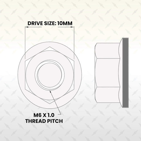 Diagram showing front and side view of M6 X 1.0 Flange Nut Set, 500 Pack Black Zinc Steel Grade 10.9 With 10mm Drive, dimensions labeled.