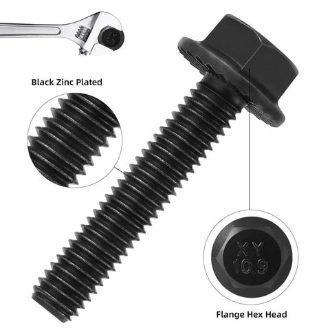 Detailed view of M6 Flanged Hex Head Bolts 1.0 x 20mm 10.9 Grade Alloy Steel Black Zinc Plated, showing flange and black zinc plating.