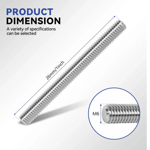 Heavy Duty 12 Piece M6 Fully Threaded Rod Set In 304 Stainless Steel 26mm 1 Inch Long Right Hand Threads With 24 Hex Nuts Rust Proof And High Strength