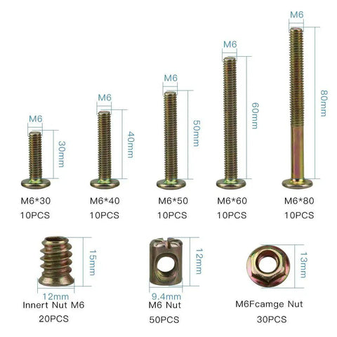 150Pcs M6 Hardware Replacement Kit with assorted zinc plated screws, nuts, bolts for baby crib and furniture