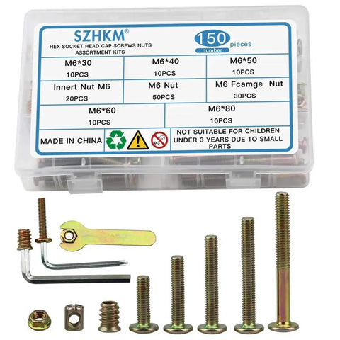 150Pcs M6 Hardware Replacement Kit For Baby Crib And Furniture Includes Hex Socket Head Cap Screws Nuts And Barrel Bolts Zinc Plated Fasteners With Free Tools Stored In Labeled Plastic Box featuring screws and tools