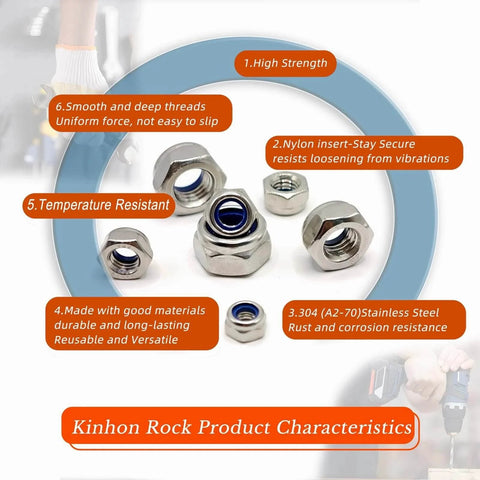 Image of Rock M6 X 1mm Nylon Insert Lock Nuts DIN 985 304 Stainless Steel Hex Nylock Nut Pack Of 30, showing product features and details.