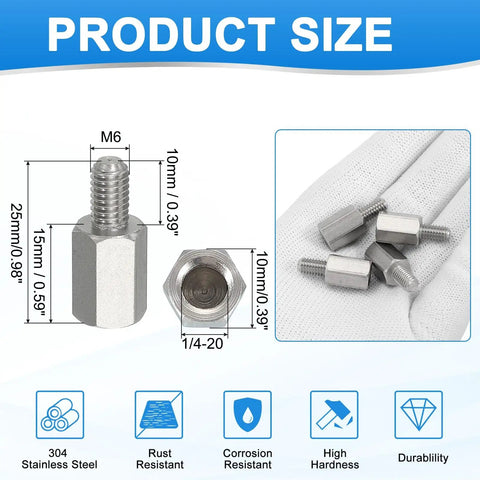 4 Pack M6 To One Quarter Twenty Reducing Standoff Screws Stainless Steel 304 For PCBs And Motherboards with product size details