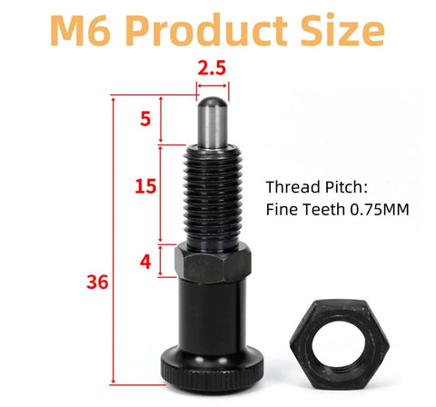 Two Pack Retractable Spring Plunger Ball Loaded Pin M6 with dimensions and thread pitch for molds machinery