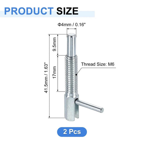 Two Pack Retractable Indexing Plunger Pins M6 Thread, 41.5mm Overall Length, 9.5mm Pin Diameter, size diagram shown.