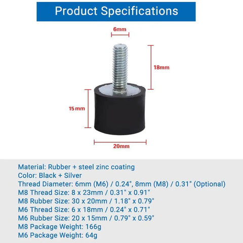 Compact M6/M8 cylindrical rubber isolator with threaded stud, black rubber and steel, dimensions 6mm x 18mm, 20mm diameter.