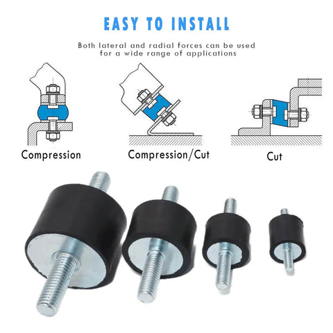 Reduces vibration, noise, and wear with a 6 pack of M6 rubber isolator mounts and studs shown in various sizes and installation methods