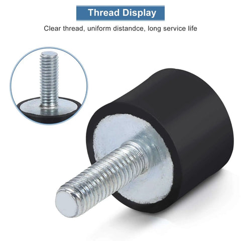 Compact M6/M8 cylindrical rubber isolator with threaded stud for vibration damping, shock absorption, and noise reduction.