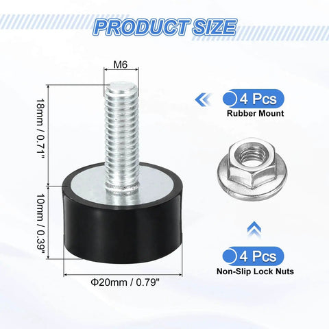 M6 Thread Rubber Mounts 20 X 10mm Vibration Isolators Set of 4 with Studs and Non Slip Nuts cylindrical shock absorbers