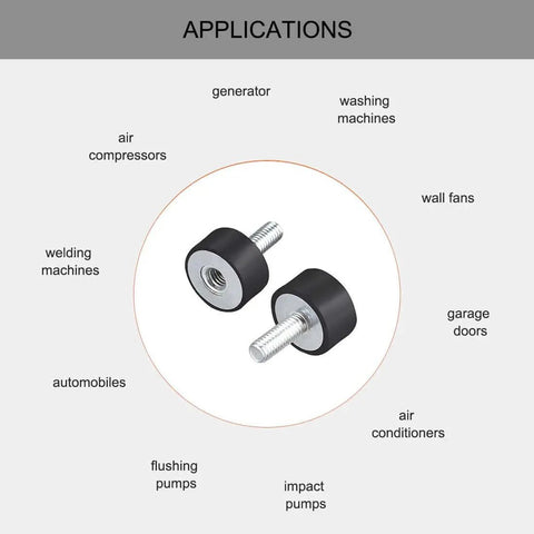 Eight M6 rubber mounts for machinery and audio gear, featuring 20x10 mm pads for vibration isolation and shock absorption applications.