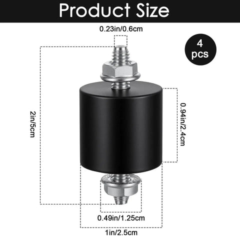 Four-pack 25x25mm M6 rubber vibration isolator mounts deliver durable shock absorption for fitness equipment, product size shown
