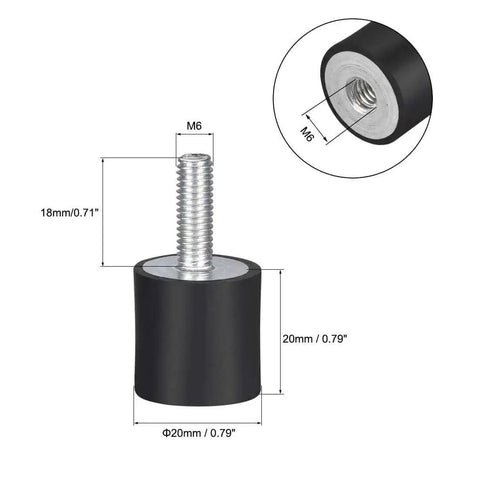 Efficient vibration isolation for DIY projects and small machinery with M6 rubber mounts; 20mm square and 18mm thread visible