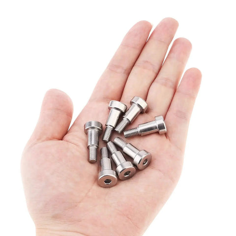 Person holding 20 Pack Shoulder Bolts M6 1.0 X 12 Mm Thread 8 Mm Diameter 12 Mm Length Socket Cap Shoulder Bolts In 304 Stainless Steel