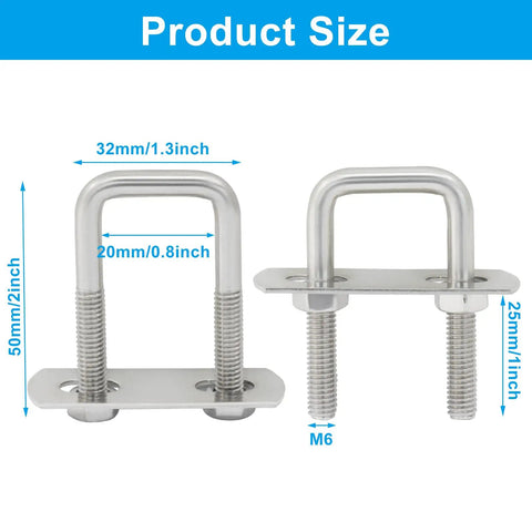Square U Bolts M6 4 Sets 3/4 Inch Wide 304 Stainless Steel with Frame Plates, Nuts, U Clamp for Trailers and Boats 20x50 mm