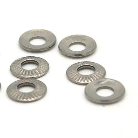 Close-up of Belleville Washer M6 stainless steel disc springs, showing the cupped design, part of a pack of 50.