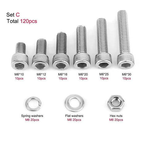 120 Pieces M6 Stainless Steel Hex Socket Head Bolts Screws Nuts Washers Assortment Kit For Home Office Appliances and General Fastening Projects Durable Rust Resistant 304 Stainless Steel Construction
