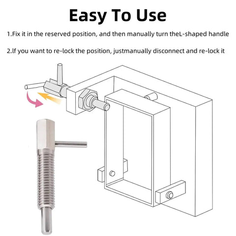 Diagram showing Rugged M6 Stainless Steel Retractable Indexing Plunger Pins Set Of 4 With L Shaped Handle for easy locking on equipment.