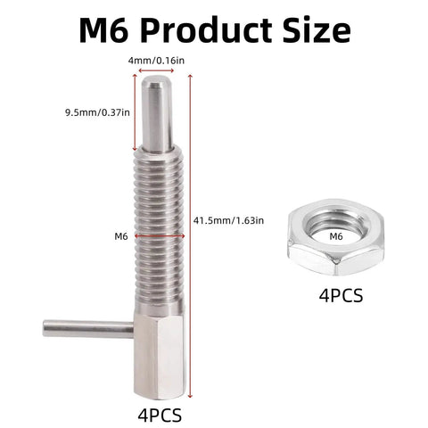 Rugged M6 Stainless Steel Retractable Indexing Plunger Pins Set Of 4 With L Shaped Handle and Nut, Size Dimensions Shown