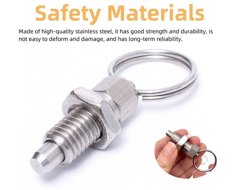 Close-up of a Six Pack M6 Stainless Steel Pull Ring Indexing Plunger with retractable spring loaded mechanism, shown with safety materials text.
