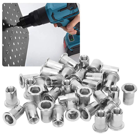 Bulk 50Pcs Blind Rivet Nuts Set M6 Stainless Steel Ribbed Nuts For Automotive Projects Elevators Switches Instruments And Furniture Hardware Accessories Glomora with tool in use