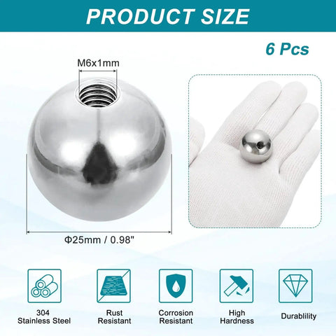 6 Pcs M6 By 25mm Ball Knob Nuts Crafted From 304 Stainless Steel with smooth surface shown in hand, highlighting size and rust resistance.