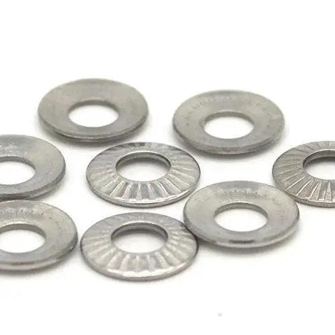 Belleville Washer M6 Stainless Steel Disc Spring Pack Of 50, close-up of stainless steel disc springs on white background