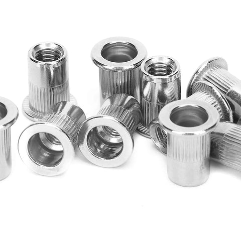Close-up of Stainless Steel Ribbed Blind Riveting Nuts Set M6 Heavy Duty Pro Grade Works Great For Automobiles Elevators Switches