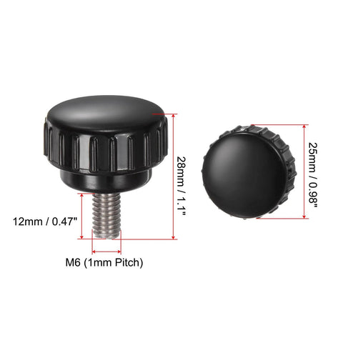 M6 x 12mm 4pcs Knurled Clamping Knobs with 25mm Plastic Round Head, Stainless Steel Threaded Hand Bolt, Side and Front View