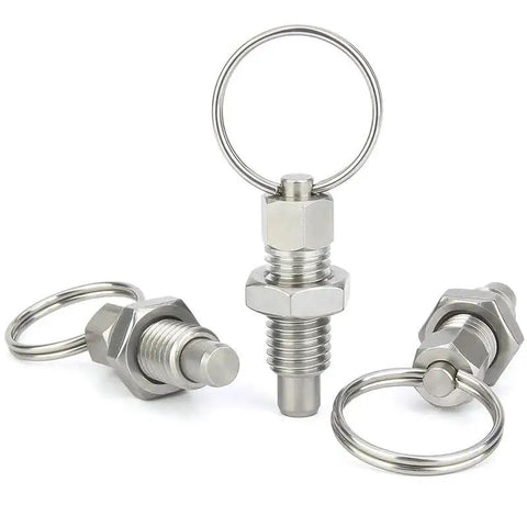 Three Six Pack M6 Stainless Steel Pull Ring Indexing Plungers with Retractable Spring Loaded Mechanism for mechanical projects.