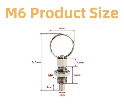 Single M6 stainless steel pull ring indexing plunger with retractable spring loaded mechanism, showing detailed measurements.
