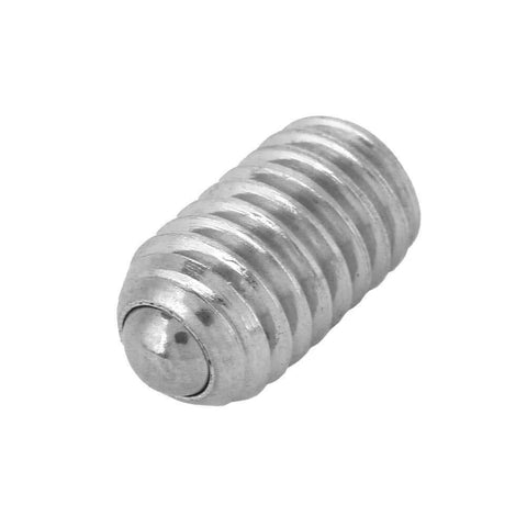 Close-up of a single M6 x 10mm stainless steel spring ball plunger screw with hex drive, ideal for fixtures and mechanical applications.