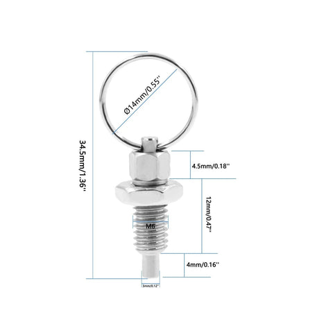 M6-3mm Stainless Steel Spring Plunger with Pull Ring dimensions, front view, non-locking index plunger for mold and industrial use.