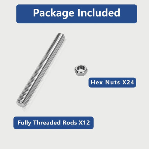 Heavy Duty 12 Piece M6 Fully Threaded Rod Set In 304 Stainless Steel with 24 hex nuts, shown with packaging details.