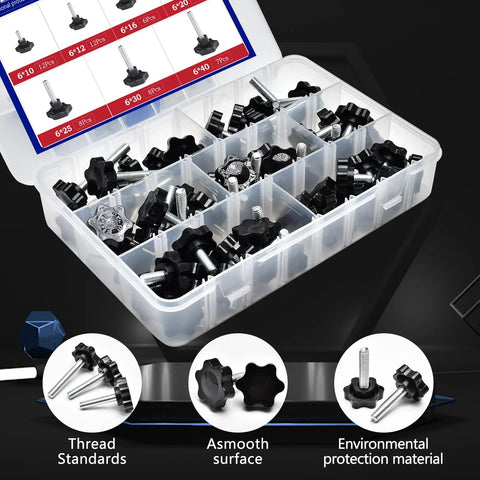 61 Piece M6 Star Knob Screw Kit With Nylon Black Plastic Star Hand Knobs And Steel Tightening Screws in organizer box