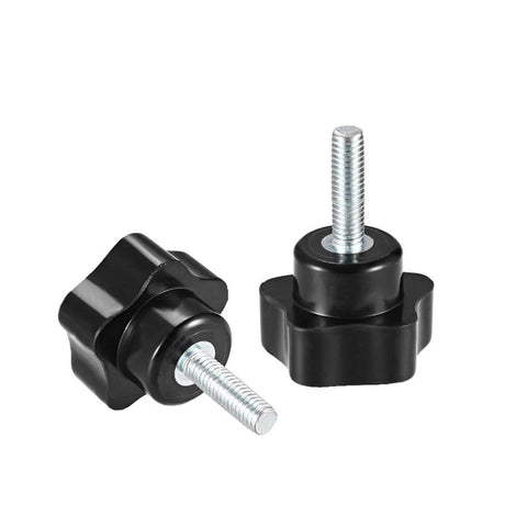 Star Knob Set M6 X 20mm Steel Zinc With Male Thread, 3 black knobs for drill press, lathe, saw jigs, front view.