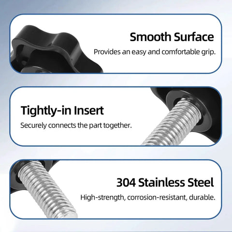 M6 Star Clamping Knob Set With Hex Nuts And Washers, Smooth Plastic Surface, Tightly-in Screw Insert, 304 Stainless Steel, Black Finish