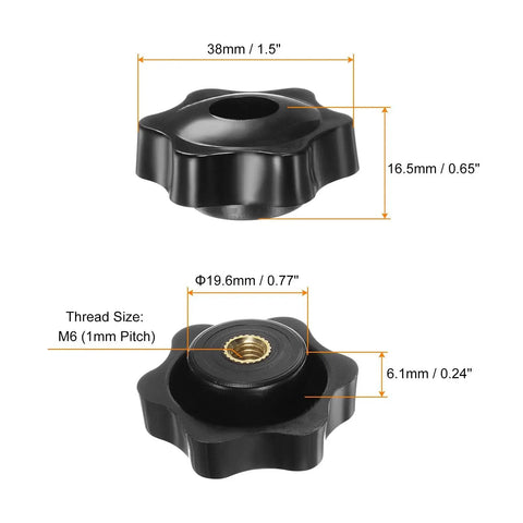 4 Pack Star Knobs With M6 Female Threads 38mm Head, black plastic clamping knobs with brass insert, measurements displayed, top and bottom views