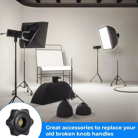 Photography studio setup with equipment and inset showing Six Pcs M6 Star Shaped Knobs With Hex Head Screw On Threaded Fasteners