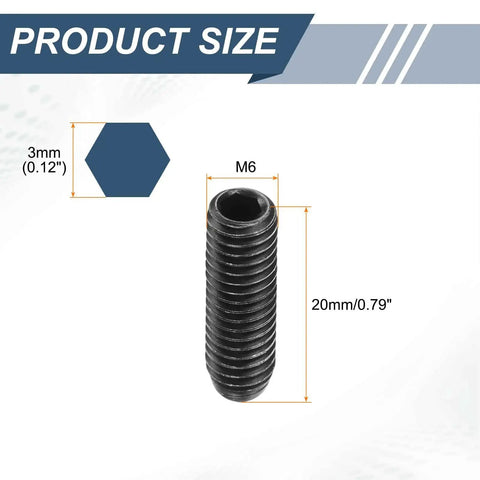 Black high carbon steel M6 thread ball plunger with hex socket, 20mm length, 3mm ball, product size details shown.