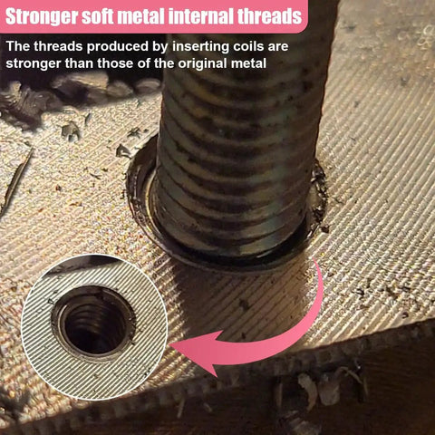 Close-up of installed M6 X 1.0mm Thread Repair Insert Kit showing internal threading process for a durable metal finish.