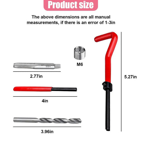 Image showing components of the M6 X 1.0mm Thread Repair Insert Kit with M6 coil, tap, wrench, drill bit, and measurement details.