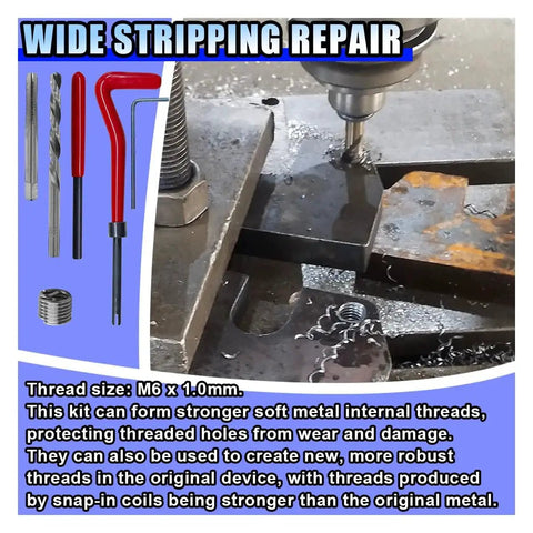 Must-Have 30-Pcs M6 x 1.0mm Thread Repair Insert Kit with tools in use on metal surface for auto repair by BDZMC