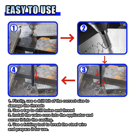 Diagram showing steps to use Must-Have 30-Pcs M6 x 1.0mm Thread Repair Insert Kit Helicoil Set for Auto Repair with tools in action.