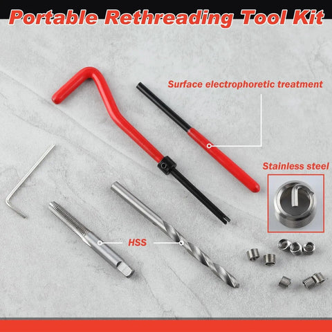 M6 Thread Repair Kit With Helicoil Inserts And HSS Drill Taps For Auto Repair Rethreading Bolts by Leontool, tool pieces on display