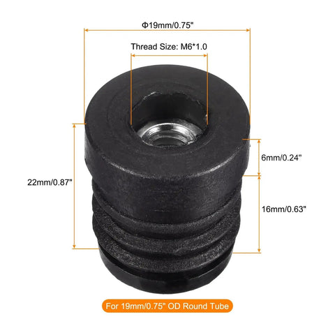 8 Pieces Round Tube Inserts With M6 Thread For 19mm Diameter Round Tubes 0.75 Inch Outer Diameter Black Plastic Plug Diagram